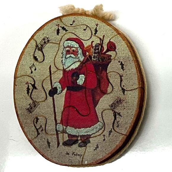 Jo's Puzzle Place Christmas Ornament Oval Santa Musical Notes Signed Made in USA - Picture 1 of 9
